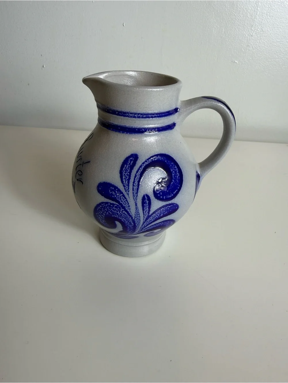 Frankfurter Possmann Apfelwein German‎ Pottery Pitcher Blue Gray Collectible